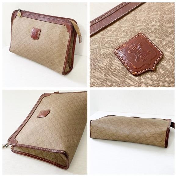 Celine beige macadam canvas and leather small clutch zip pouch bag - Picture 3 of 12